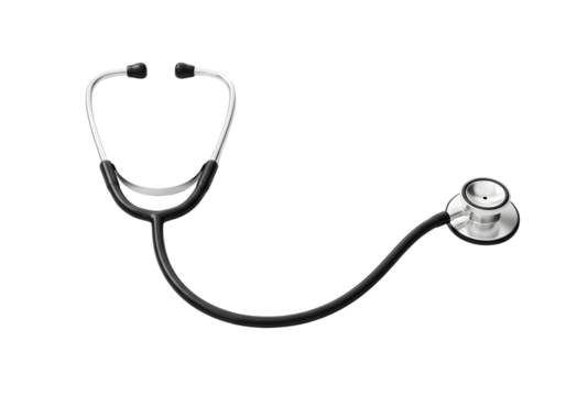 Professional Black Medical Stethoscope With Silver Chest Piece Isolated on PNG Background.