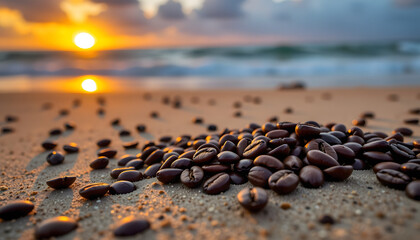 Coffee beans scattered on sandy beach during sunset with ocean in background

