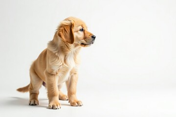 Golden Retriever puppy stands, gazing, white backdrop, canine, dog portrait, paws