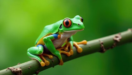 Naklejka premium Green tree frog perched on white, vibrant colors, white, macro