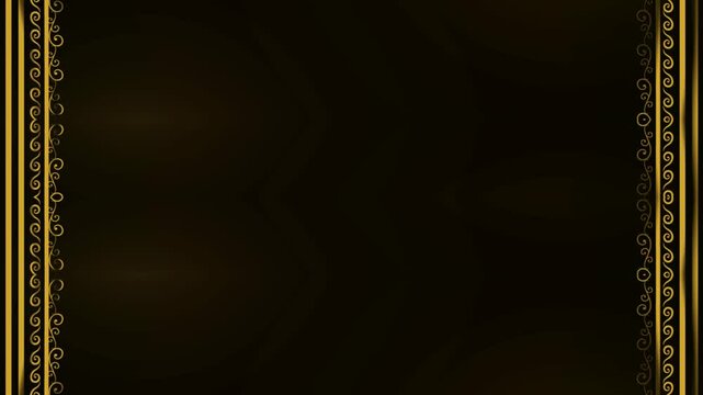 Square richly decorated neon glowing gold rectangular horizontal frame on black background. Long lines with shadow. Blank space for your own content in the middle.