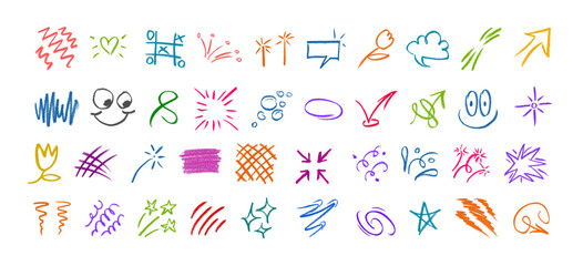 Hand Drawn Crayon Doodle, Effect Illustrations, Design Element Vector Set