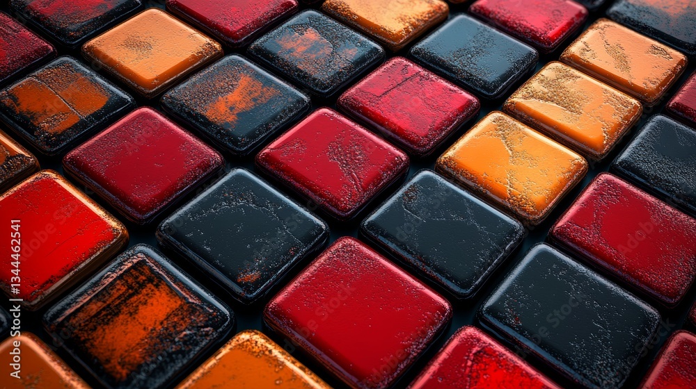 Poster the image features precisely aligned glossy blocks in red and orange, with a modern tech background,
