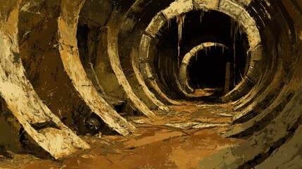Naklejka premium A dark tunnel entrance with spiral stone and aged structures