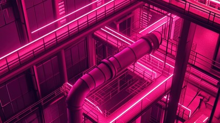 Naklejka premium Futuristic building interior with neon lights and metal pipes and walkways