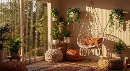 Fototapeta premium Indoor Bohemian Space with Plants, Hanging Chair, and Natural Light