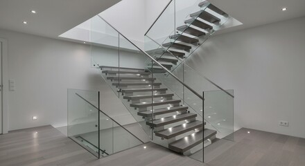 Fototapeta premium Modern Staircase with Glass Railing and Wooden Steps in Minimalist Interior