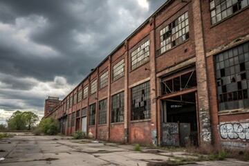 A weathered brick factory building stands forlorn under a brooding sky, its broken windows and graffiti-scarred walls whispering tales of industrial decline and forgotten glory.