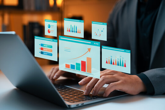 Businessman using laptop analyzing dashboard performance indicators business growth charts and economic growth, business finance and investment decisions, market research and strategic planning.