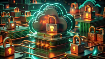 Fototapeta premium Cloud Computing Digital locks represent cybersecurity in a cloud computing landscape with vibrant colors.