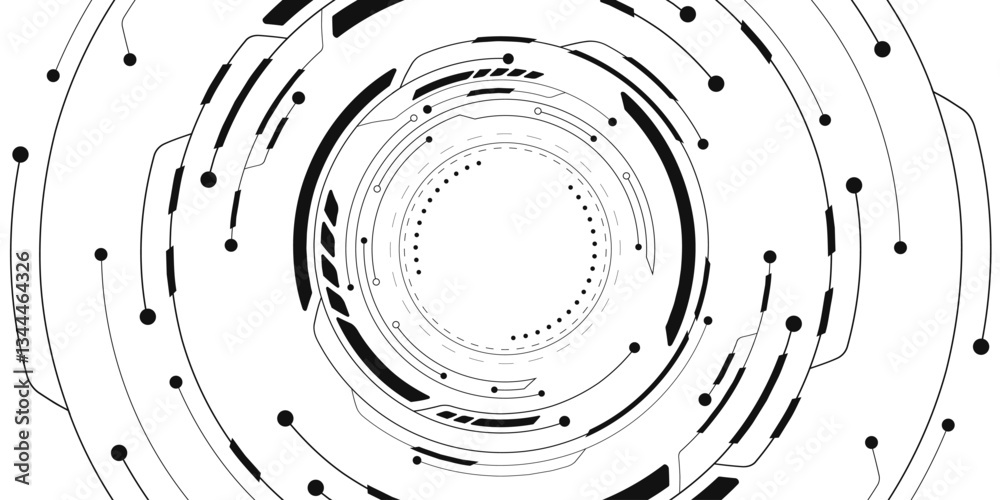 Wall mural moving black hud circles with electronic elements on white background. digital tech backdrop. comput