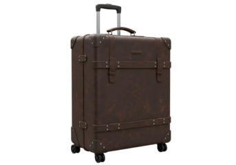 Vintage Brown Leather Suitcase with Metal Accents Isolated on PNG Background.