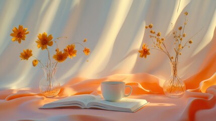 Sunrise, flowers, coffee, book, draped fabric