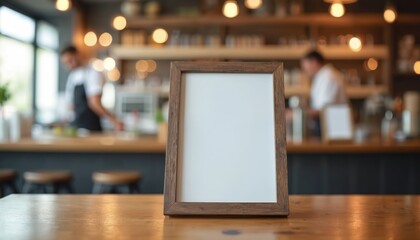 Menu frame mockup stands on table in bar restaurant. Chef cooks in background. White blank paper template to promote food, drink, event, business. Place ad at cafe. Modern empty information board.