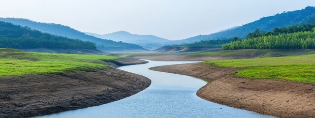 Serene River meandering through lush hills and gentle valleys