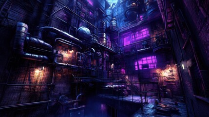 A futuristic urban industrial complex featuring pipes and windows at night