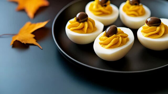 Deviled eggs on a dark plate garnished with olives set against a fall backdrop with golden leaves