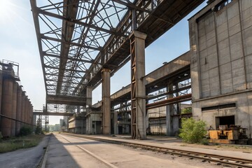 Obraz premium A poignant view of an abandoned industrial complex, sunlight illuminating the aged steel structures and weathered concrete, evoking a sense of forgotten industry and time's passage.