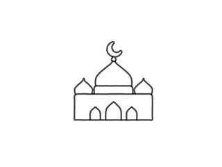 The image is a simple black and white line drawing of a mosque.