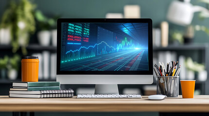 Modern workspace with computer displaying financial stock market data and analytics 