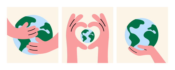 Hands holding Earth - Save the Planet, Sustainability, eco friendly, environmental protection, Earth Day, love nature, global care, climate change awareness, green world. Minimalist flat illustration