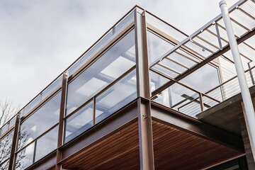 Modern architecture showcasing a sleek glass and steel balcony design with warm wood accents under a partly cloudy sky.