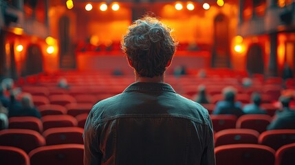Fototapeta premium Person observing a performance in a theater filled with red seats and warm lighting