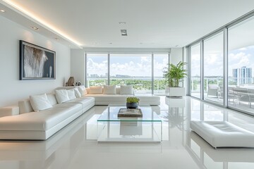 Modern, airy living room with city views