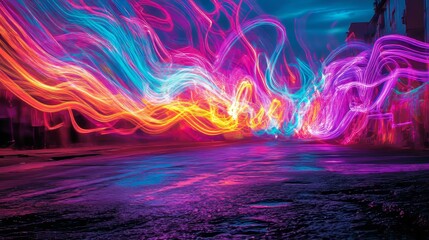 The image depicts a tunnel created by wavy neon lines, rendered in 3D with streaks of orange, pink, and turquoise
