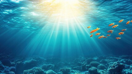 Obraz premium Vibrant Underwater Scene with Sunlight and Tropical Fish Swimming