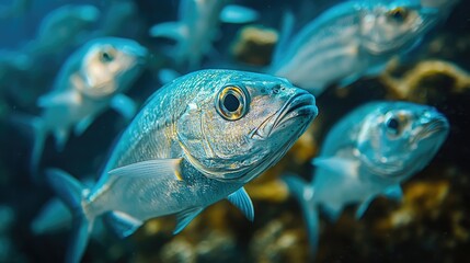 Obraz premium Underwater scene showcasing a school of vibrant fish swimming near coral reefs (1)