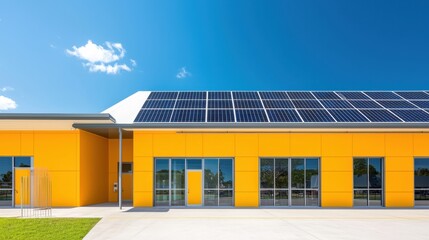 Obraz premium Bright Modern Building with Solar Panels and Clear Blue Sky