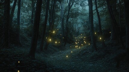 Fototapeta premium Enchanted Forest with Glowing Fireflies in a Mysterious Twilight Setting