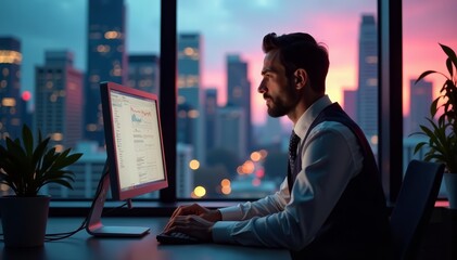 Economist in disguise working on computer with cityscape outside office window, window, computer