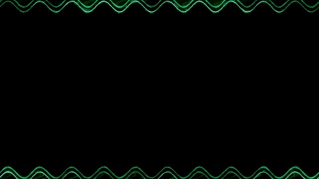 Neon appearing and disappearing glowing wavy electric dark green aqua perpendicular horizontal long lines frame on black background. Space for your own content.