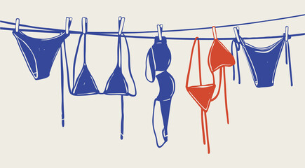 Women's bra and panties hanging on a rope. Swimwear or underwear, lingerie hanging and drying. Hand drawn modern Vector illustration. Isolated design element. Logo, icon, print template