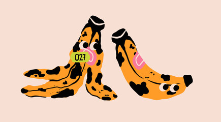Black Banana with eyes, old rotten banana peel. Hand drawn modern Vector illustration. Cute funny characters. Various trash, garbage, rubbish, litter concept