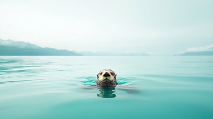 Sea Otter Swimming in Calm Waters with Scenic Mountains in Background
