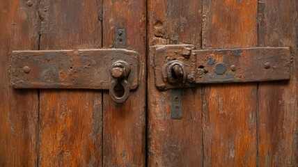 Fototapeta premium Rusty Metal Latch on Weathered Brown Wooden Door