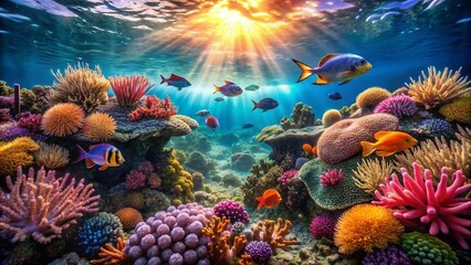 Obraz premium Vibrant Coral Reef Ecosystem: Underwater Seascape with High Depth of Field