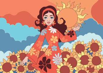 70s Retro Pop Art Woman Standing in Sunflower Field with Shining Sun	