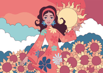 70s Retro Pop Art Woman Standing in Sunflower Field with Shining Sun