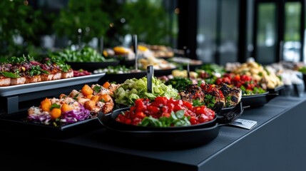 Fresh, colorful buffet with diverse dishes.  A variety of salads, grilled vegetables, and fish
