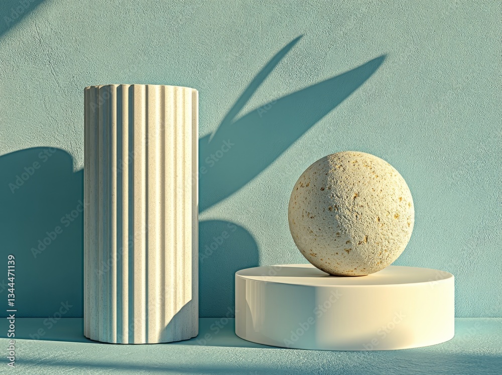 Poster image depicting two spheres on pedestals with cylinders in the background set against a blue backdro