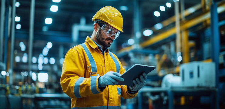 Engineer using a digital tablet to monitor the manufacturing process in a high-tech industrial factory wearing a hard hat and safety goggles