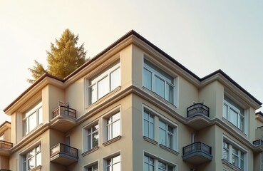 Obraz premium Low angle view of building corner with windows, small balconies. Residential house, apartment, real estate property for sale. Modern architecture, sky. Facade corner with tree on roof. Urban housing.