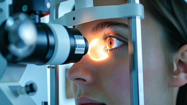 Young woman's eye undergoing an ophthalmic examination with a slit lamp biomicroscope - advanced eye care and vision diagnostics.