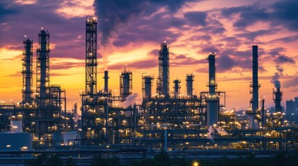 Fototapeta premium Majestic Industrial Sunset, Refinery at Dusk