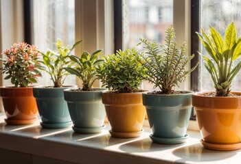 Colorful Potted Plants on Sunlit White Windowsill