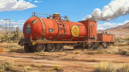 Naklejka premium A rusty tanker truck is located in a desert landscape setting